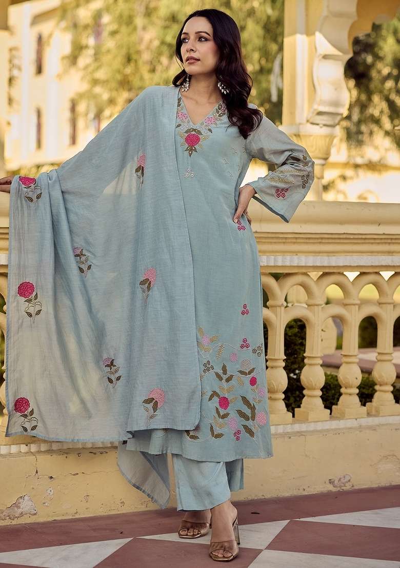 Aqua Blue Thread Work Silk Blend Kurta Set - Indya