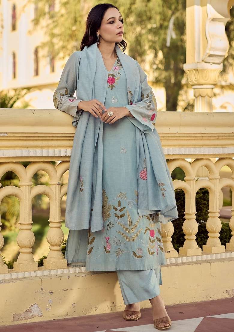 Aqua Blue Thread Work Silk Blend Kurta Set - Indya