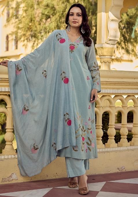 Aqua Blue Thread Work Silk Kurta Set