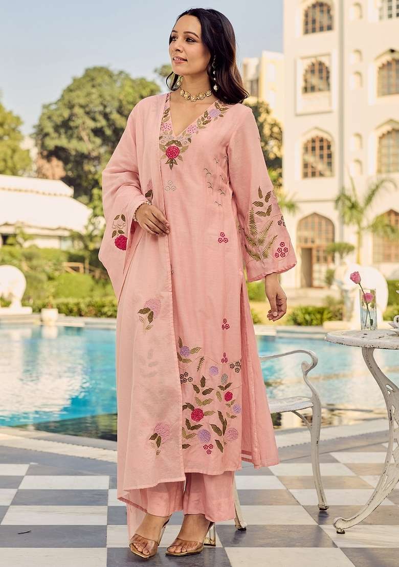 Pink Thread Work Silk Blend Kurta Set - Indya