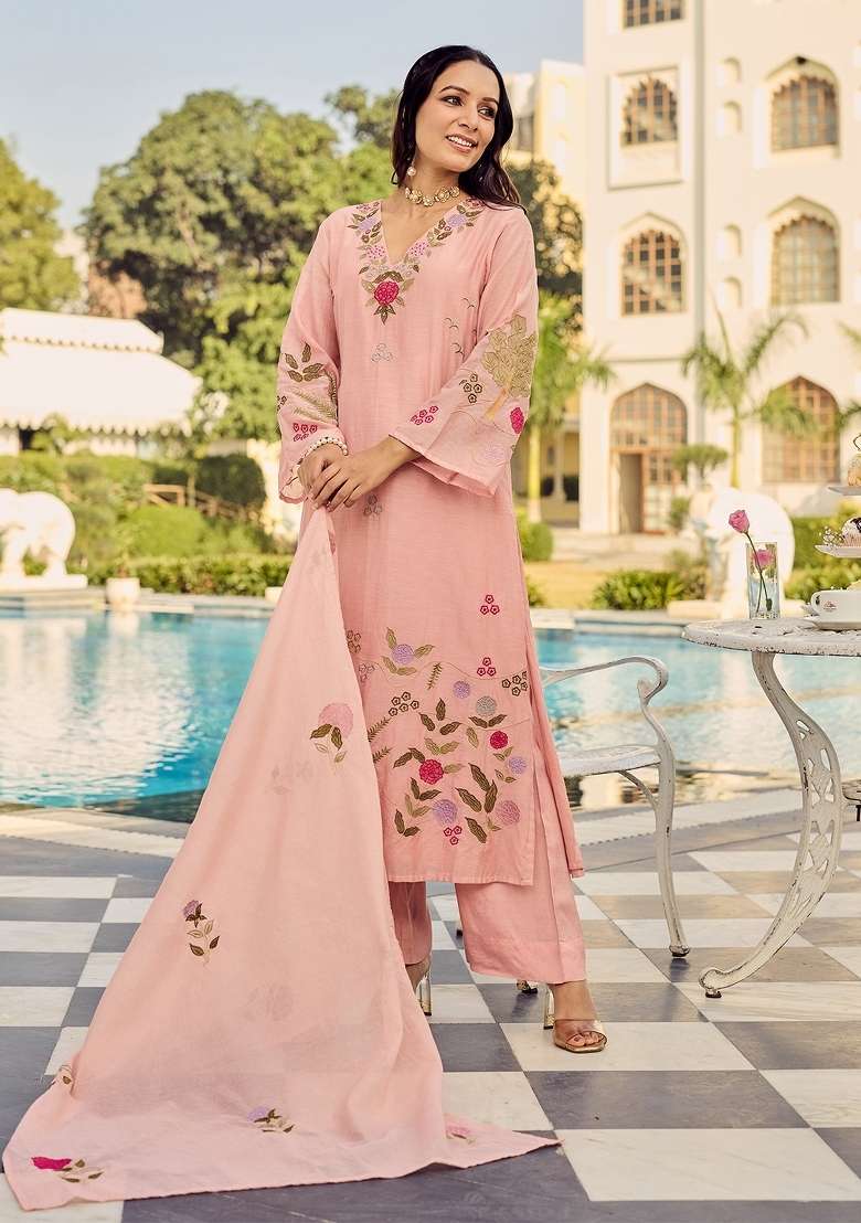 Pink Thread Work Silk Blend Kurta Set - Indya