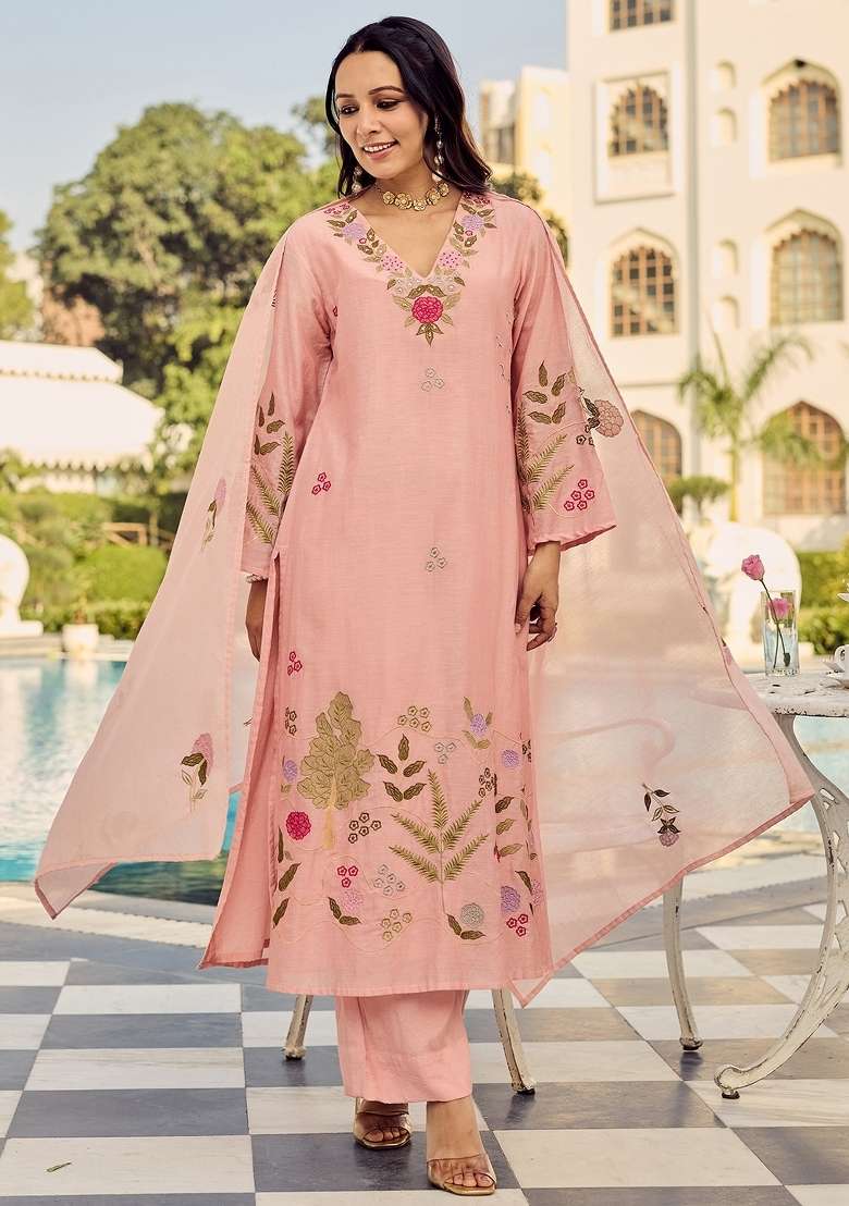 Pink Thread Work Silk Blend Kurta Set - Indya