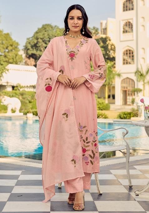 Pink Thread Work Silk Kurta Set