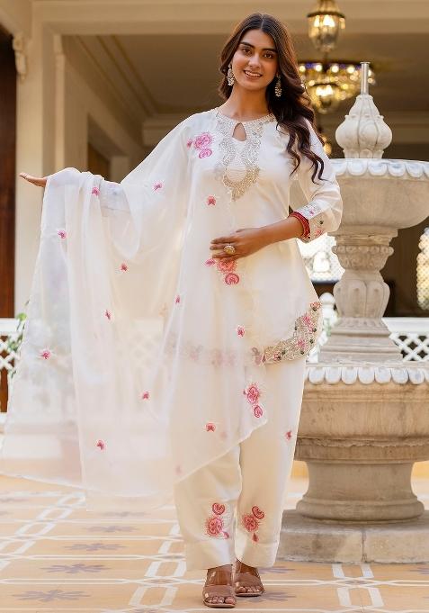 Off White Thread Work Satin Kurta Set