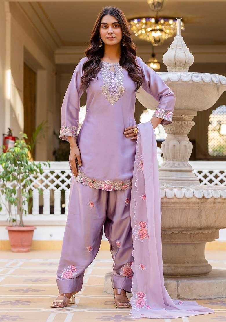 Purple Thread Work Satin Kurta Set - Indya