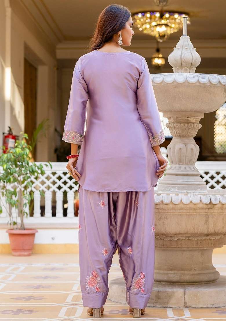 Purple Thread Work Satin Kurta Set - Indya