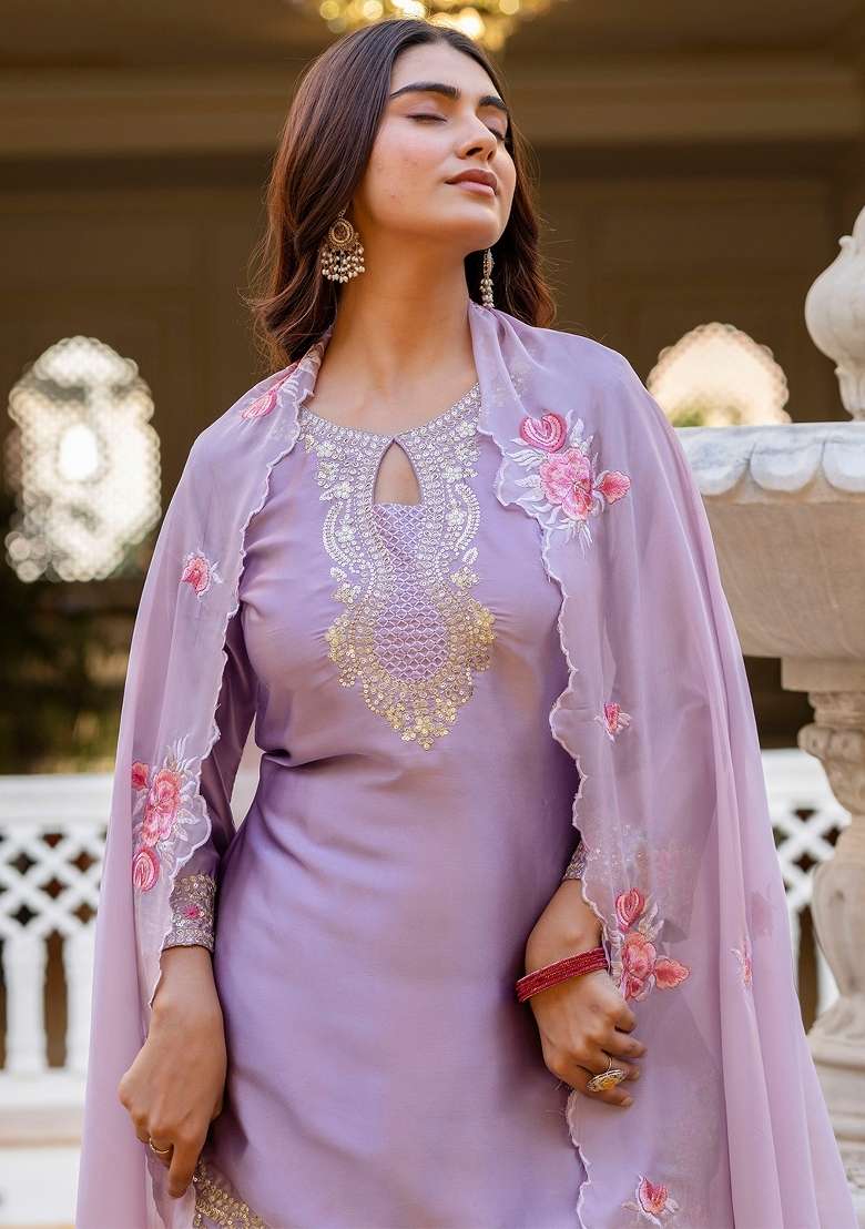 Purple Thread Work Satin Kurta Set - Indya