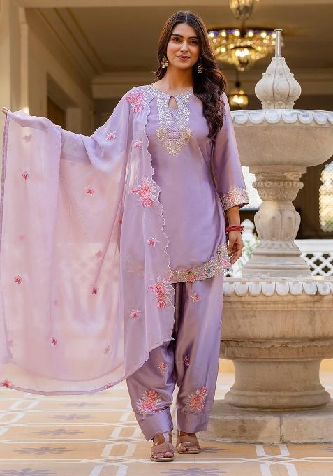 Purple Thread Work Satin Kurta Set