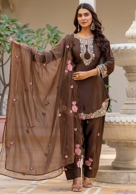 Coffee Thread Work Satin Kurta Set