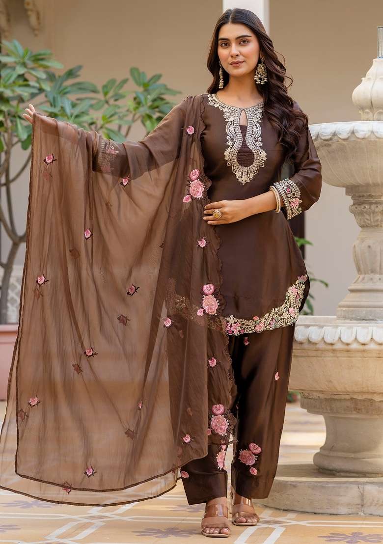 Coffee Thread Work Satin Kurta Set - Indya