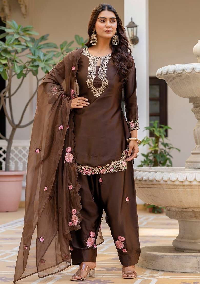 Coffee Thread Work Satin Kurta Set - Indya
