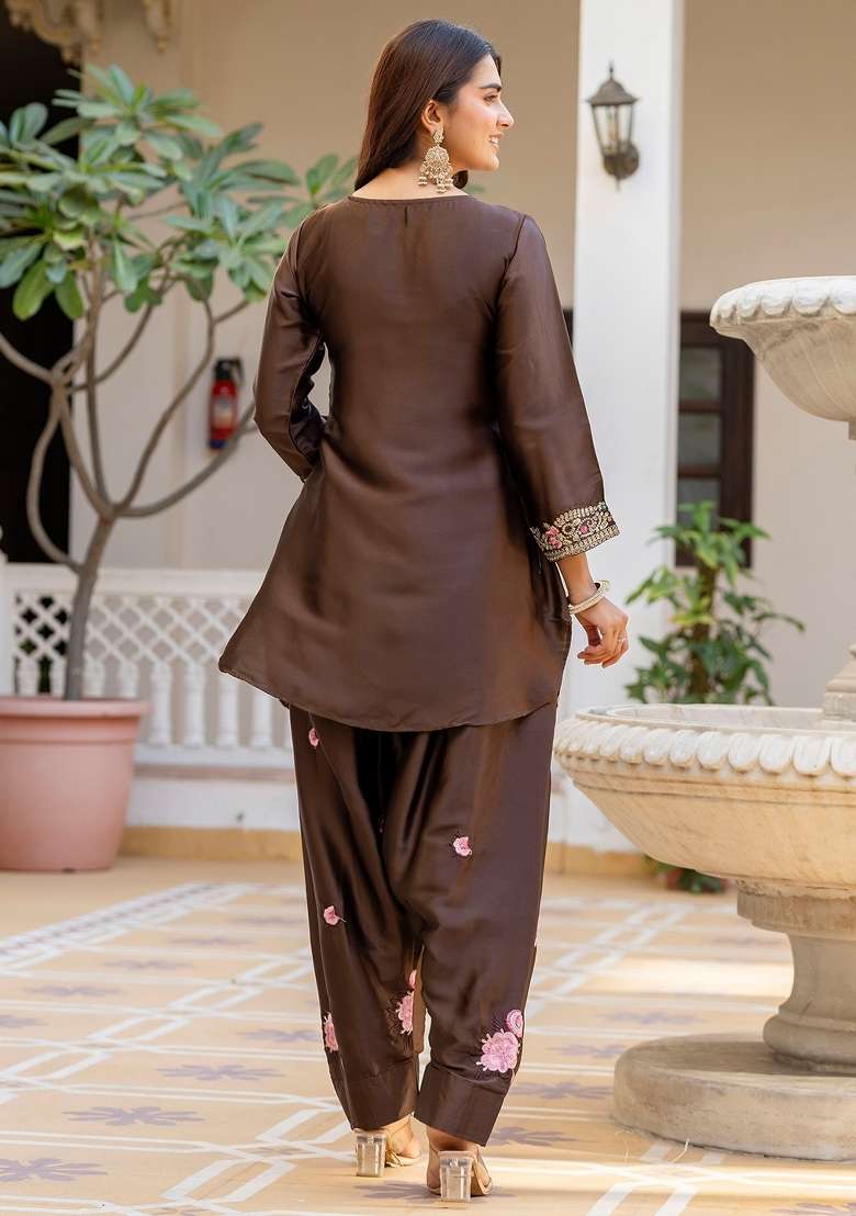 Coffee Thread Work Satin Kurta Set - Indya