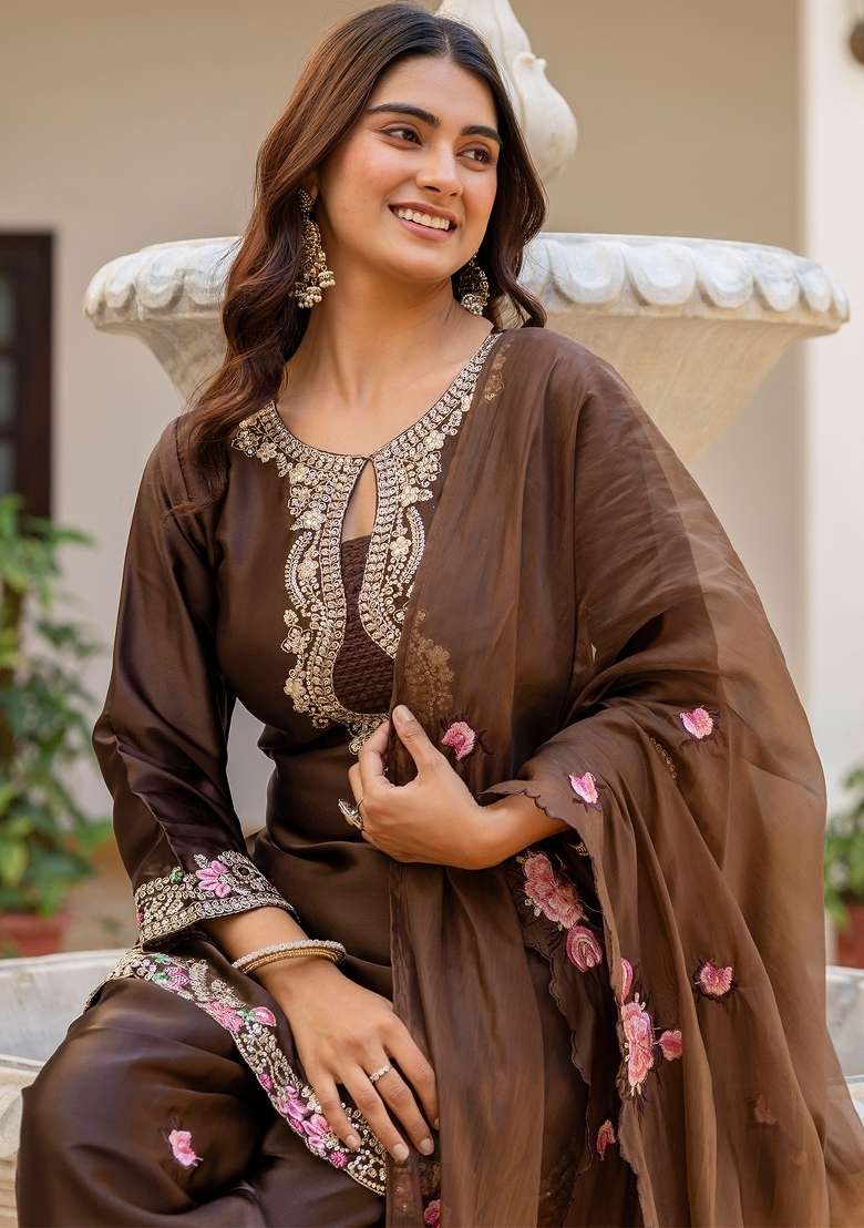 Coffee Thread Work Satin Kurta Set - Indya