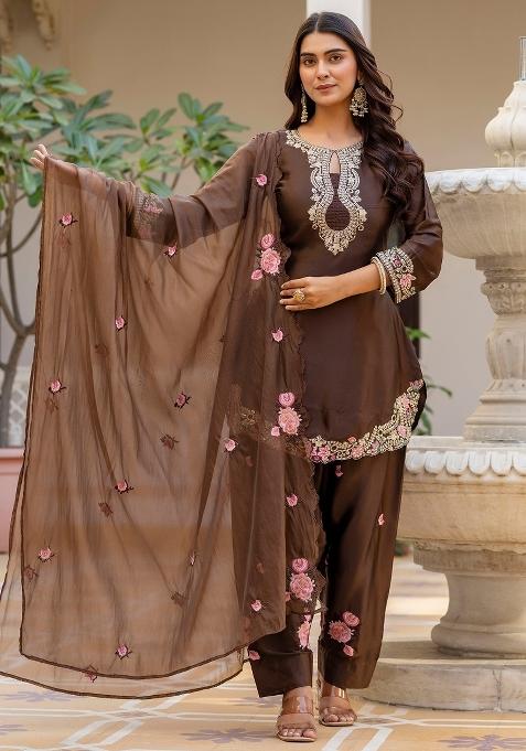 Coffee Thread Work Satin Kurta Set