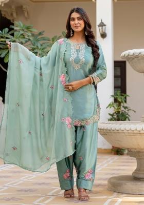 Light Green Thread Work Satin Kurta Set