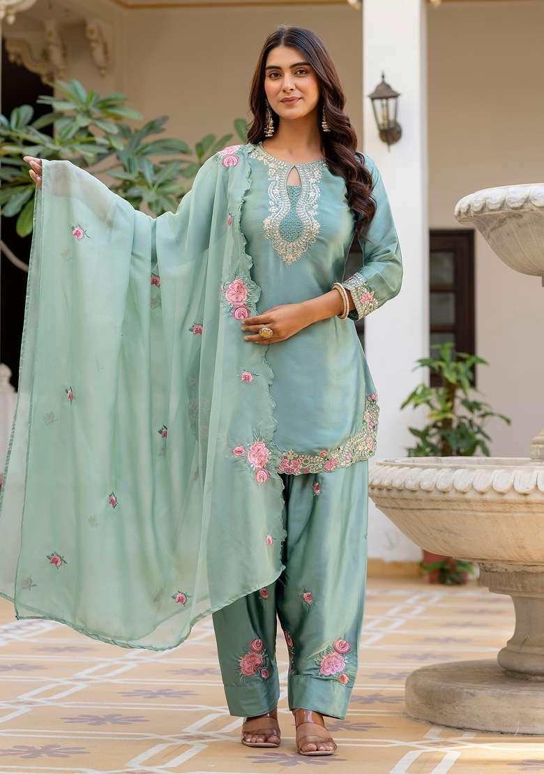 Light Green Thread Work Satin Kurta Set - Indya