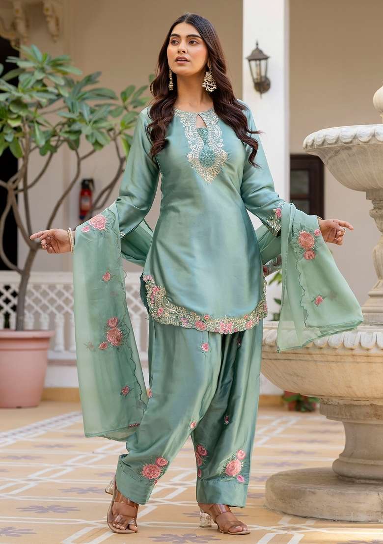 Light Green Thread Work Satin Kurta Set - Indya