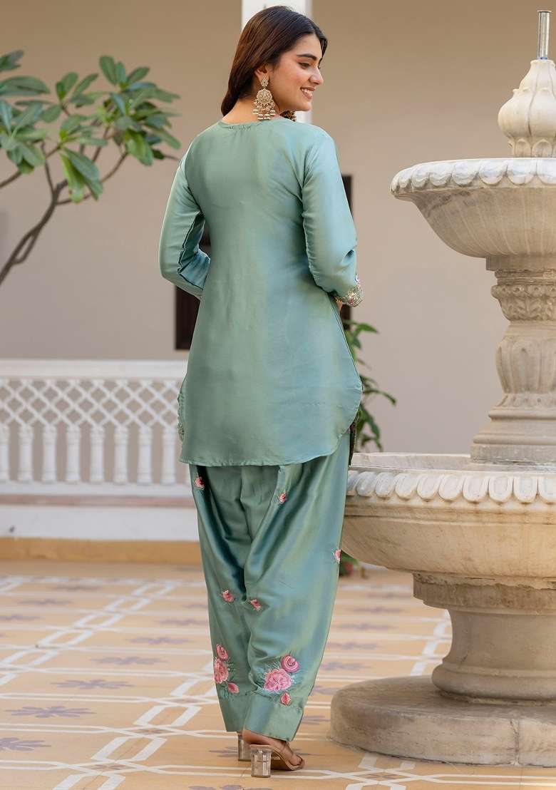 Light Green Thread Work Satin Kurta Set - Indya