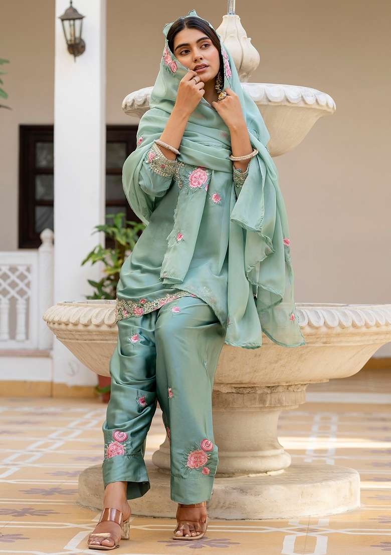 Light Green Thread Work Satin Kurta Set - Indya