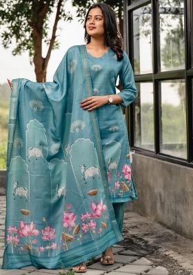 Turquoise Blue Floral Print Cotton Kurta Set