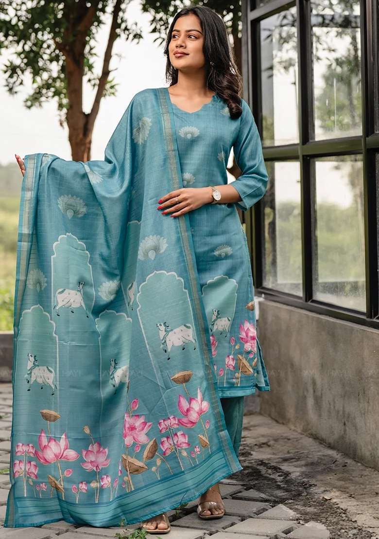 Turquoise Blue Floral Print Cotton Kurta Set - Indya