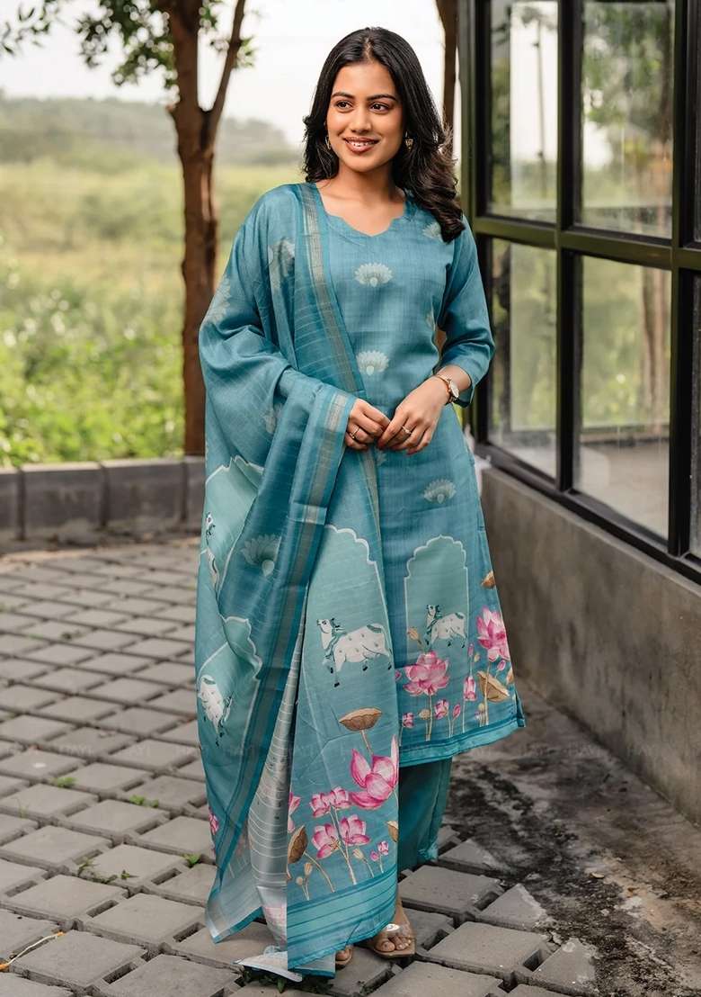 Turquoise Blue Floral Print Cotton Kurta Set - Indya