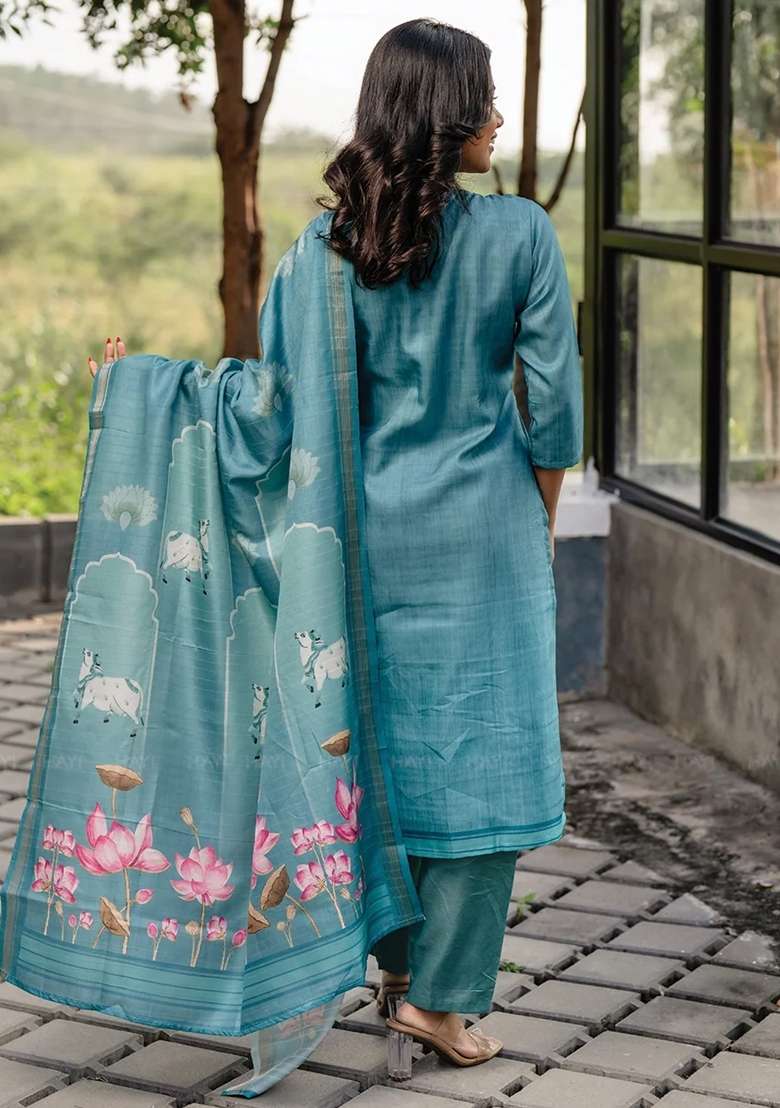 Turquoise Blue Floral Print Cotton Kurta Set - Indya