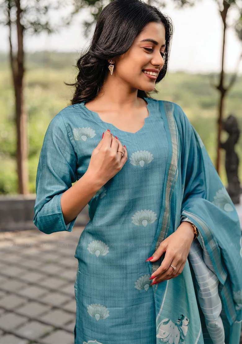 Turquoise Blue Floral Print Cotton Kurta Set - Indya
