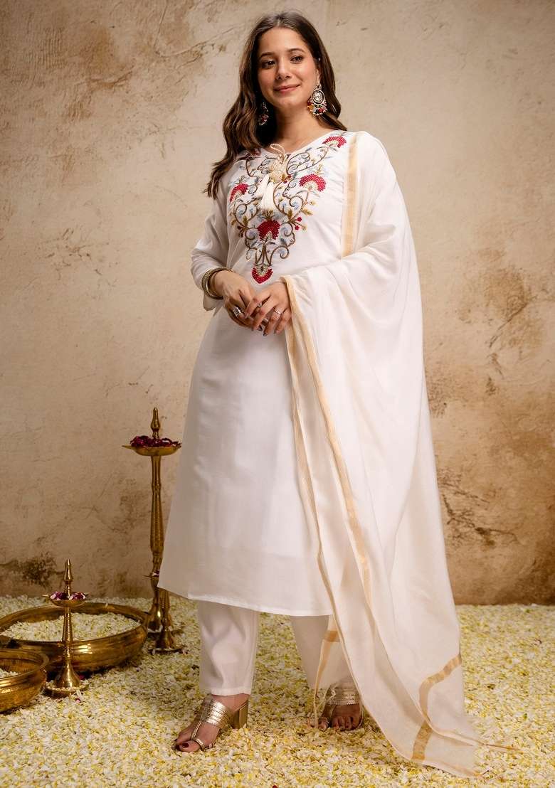 White Thread Work Silk Blend Kurta Set - Indya
