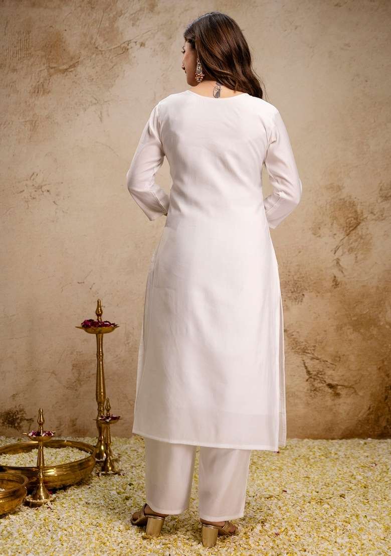 White Thread Work Silk Blend Kurta Set - Indya