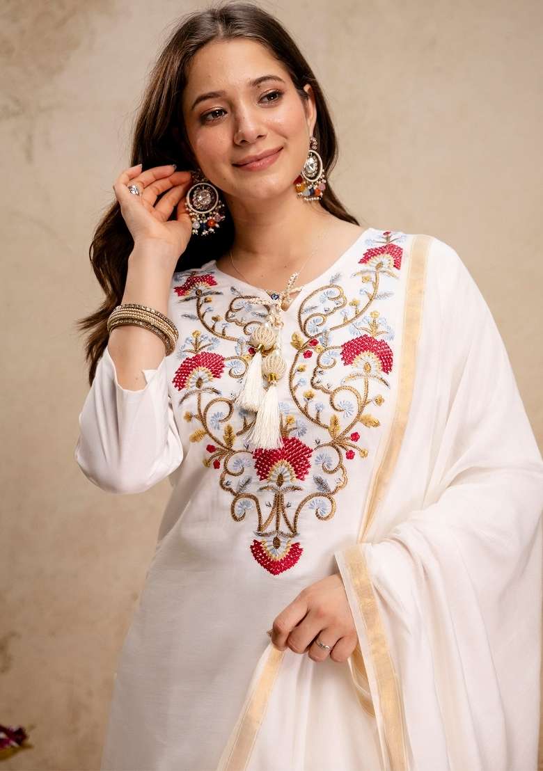 White Thread Work Silk Blend Kurta Set - Indya