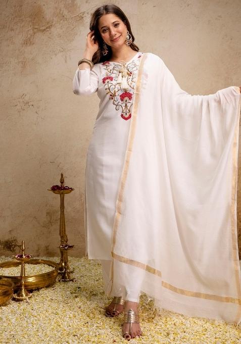 White Thread Work Silk Kurta Set