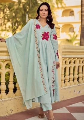 Light Green Thread Work Cotton Kurta Set