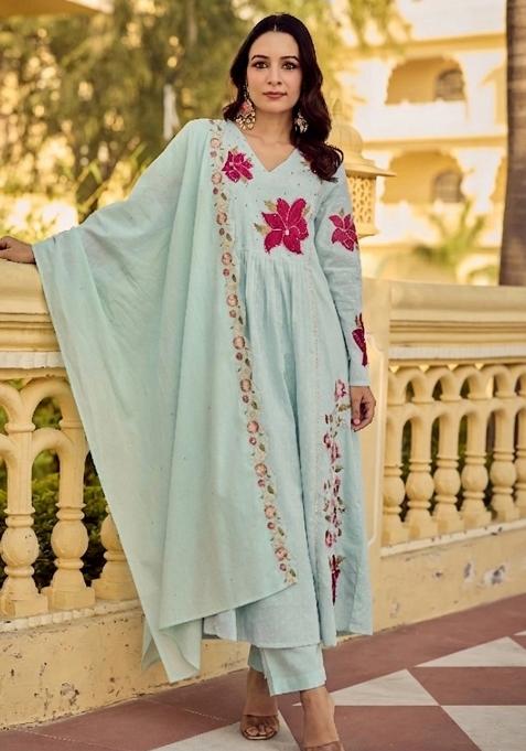 Light Green Thread Work Cotton Kurta Set