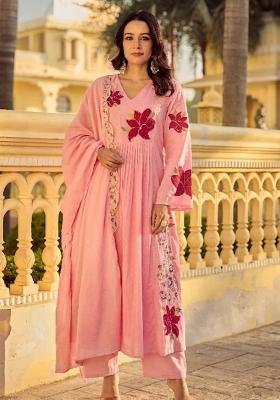 Pink Thread Work Cotton Kurta Set