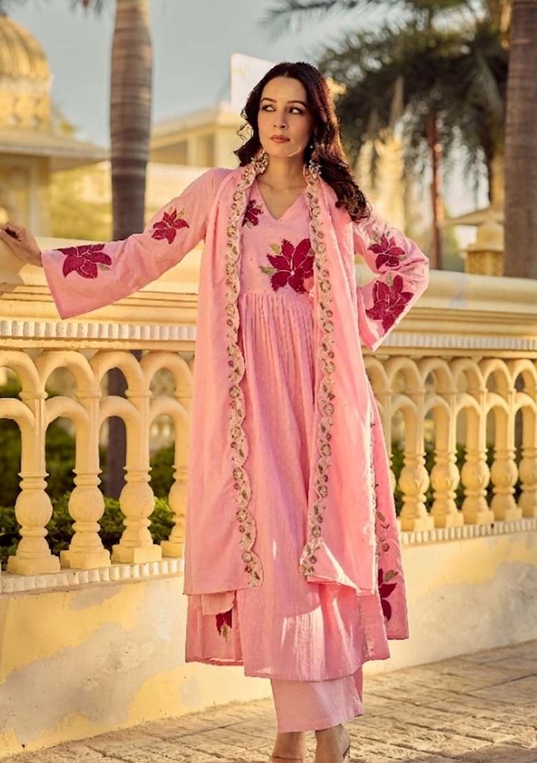 Pink Thread Work Cotton Kurta Set - Indya