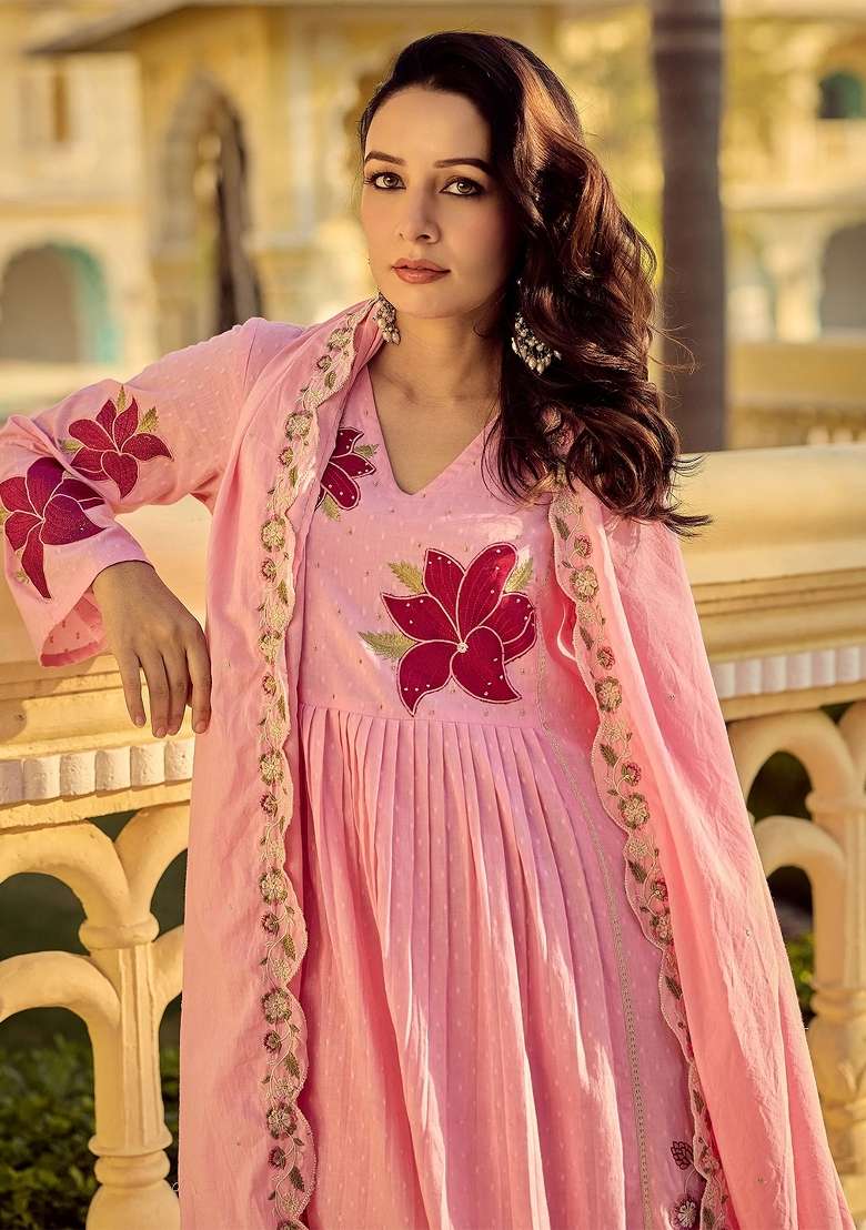Pink Thread Work Cotton Kurta Set - Indya