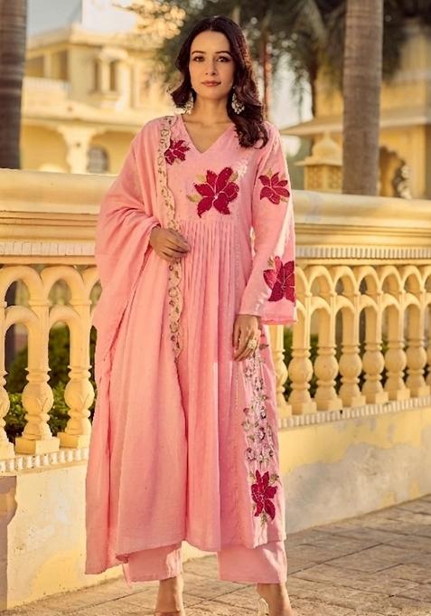 Pink Thread Work Cotton Kurta Set
