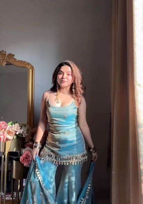 Teal Blue Printed Silk Kurta Set