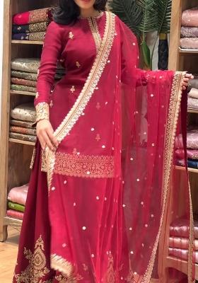 Red Printed Silk Kurta Set