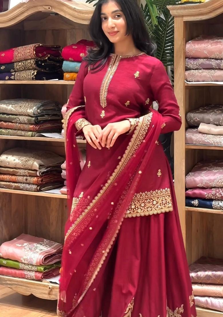 Red Printed Silk Kurta Set - Indya