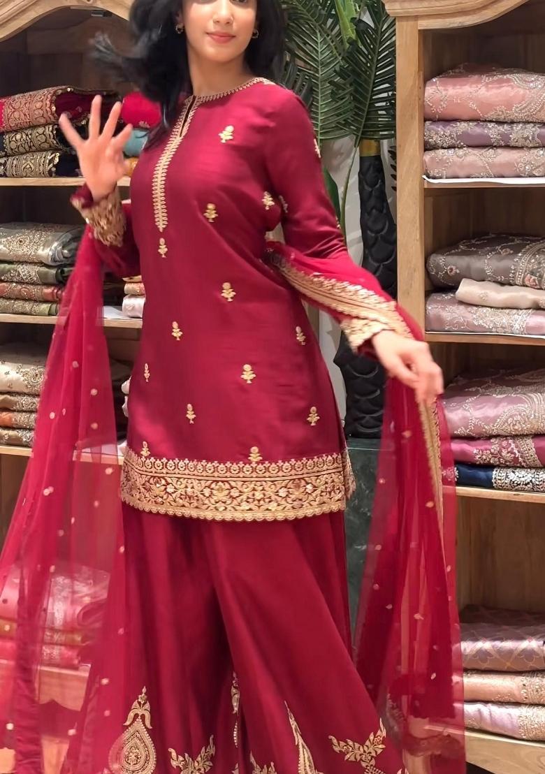 Red Printed Silk Kurta Set - Indya