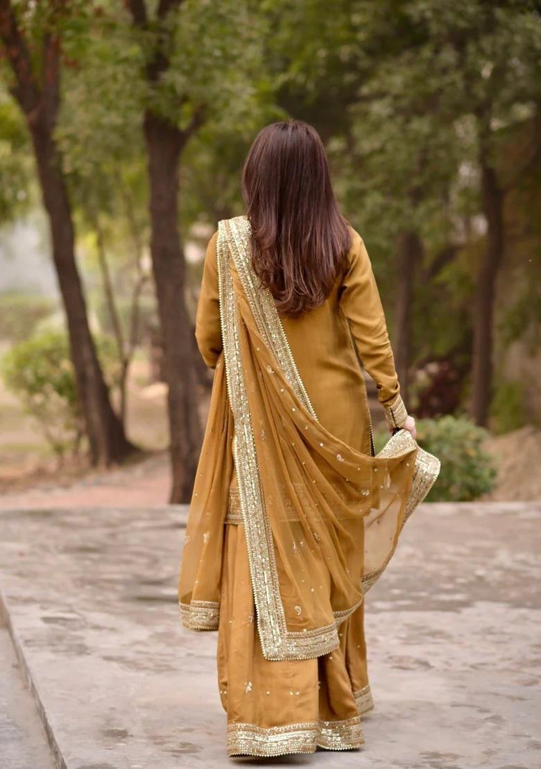 Mustard Printed Chanderi Kurta Set - Indya