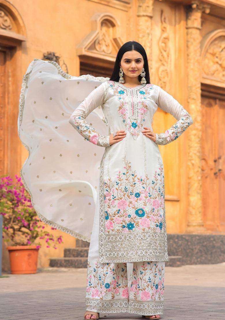 White Printed Cotton Kurta Set - Indya