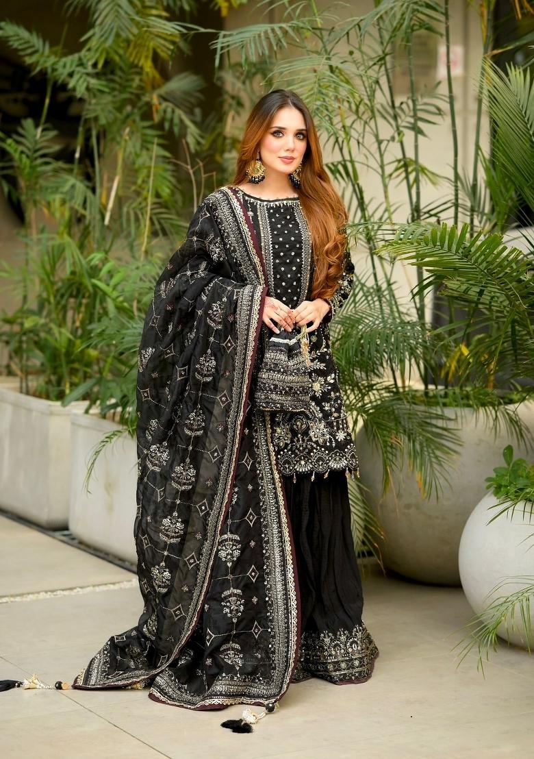 Black Printed Georgette Kurta Set - Indya