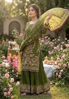 Green Printed Georgette Kurta Set