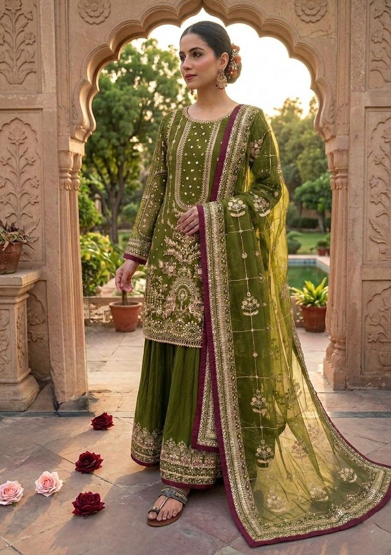 Green Printed Georgette Kurta Set - Indya