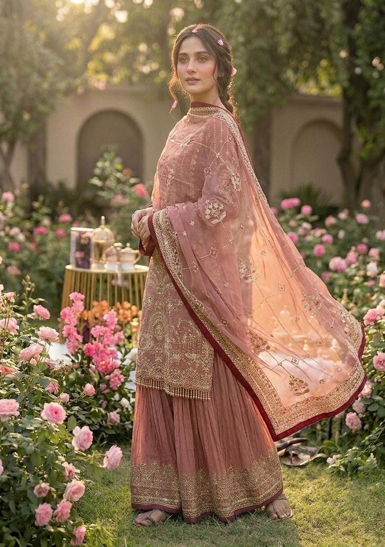 Light Pink Printed Georgette Kurta Set - Indya