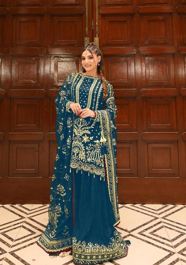 Navy Blue Printed Georgette Kurta Set - Indya