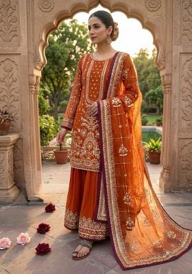 Orange Printed Georgette Kurta Set